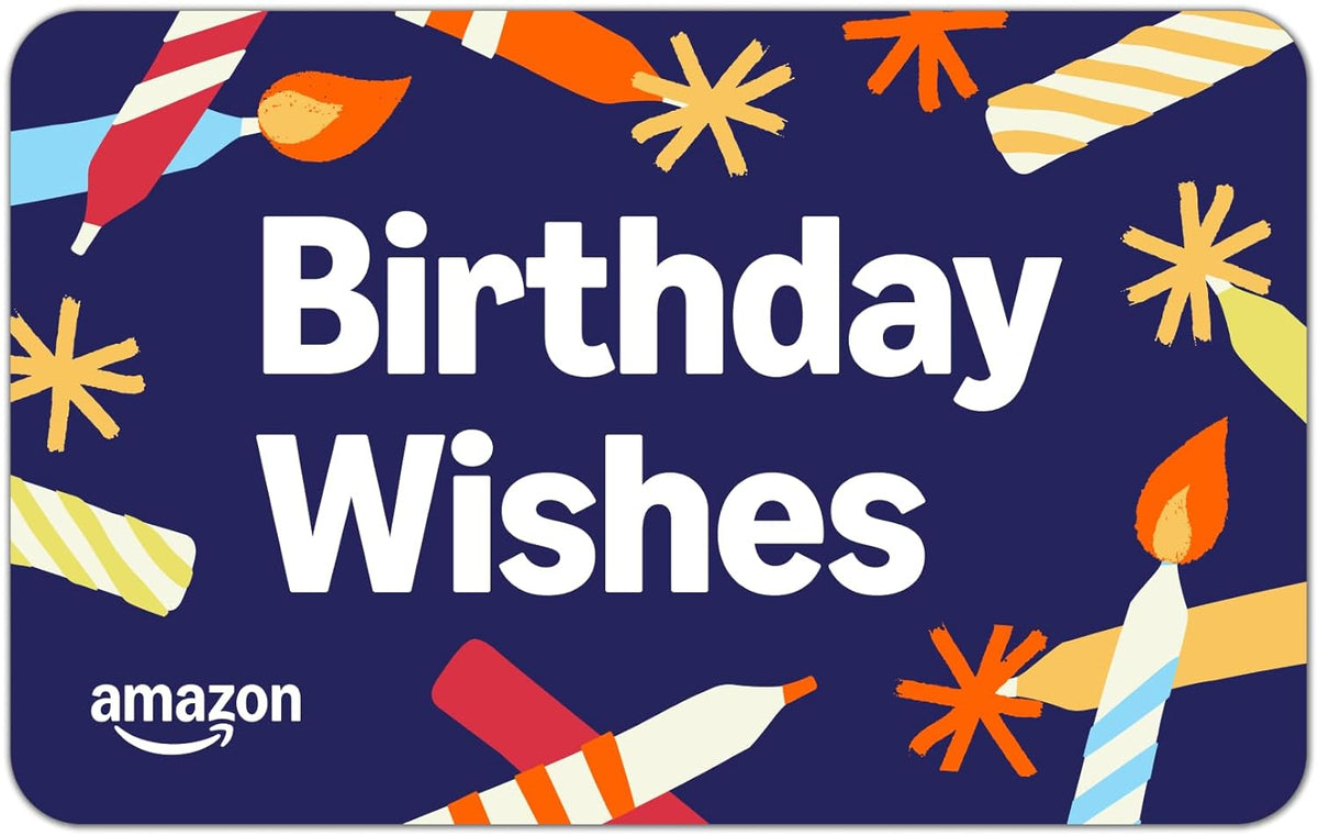 Amazon eGift Card for birthdays, digital delivery, featuring colorful birthday wishes and Amazon branding.