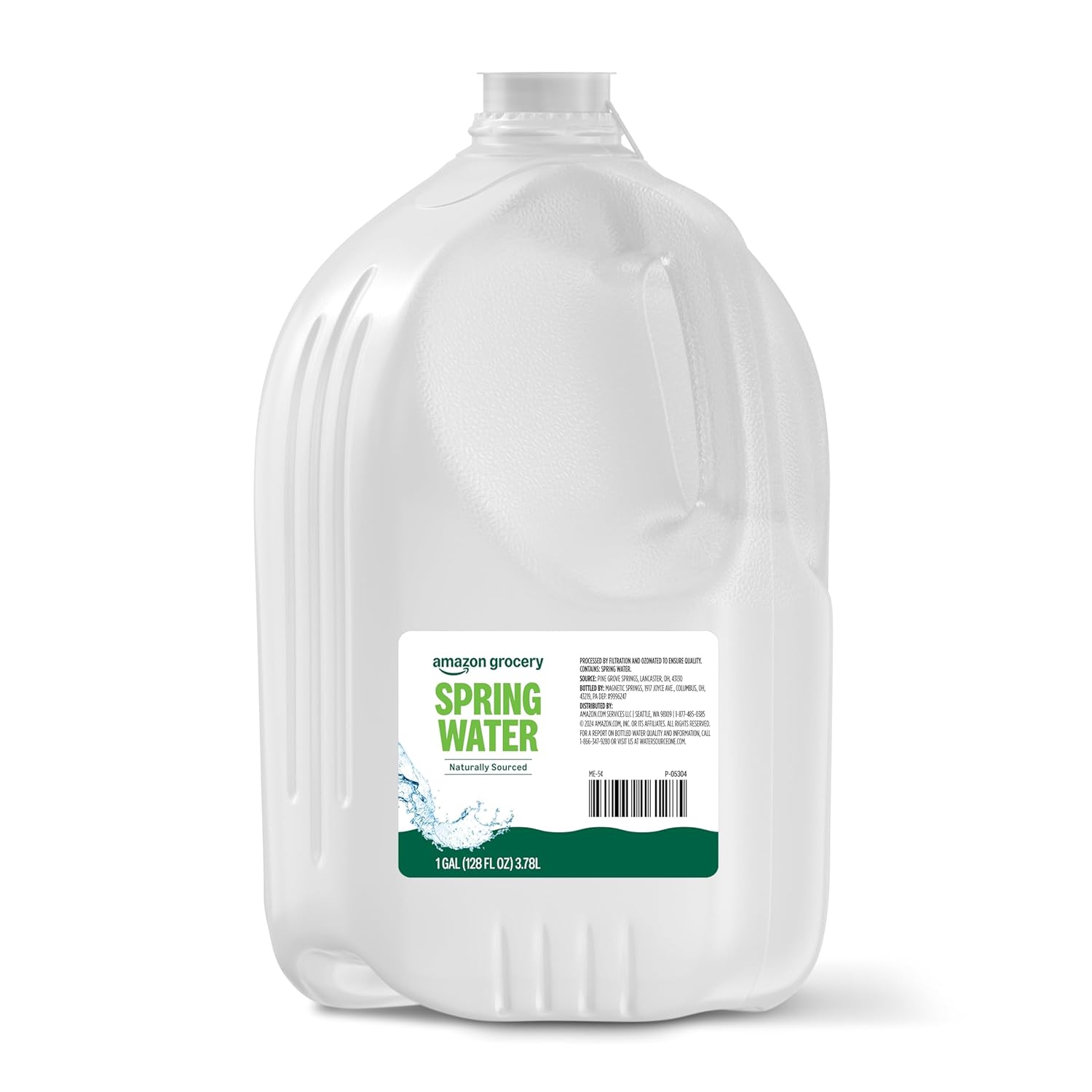 Amazon Grocery distilled water in a 1-gallon plastic bottle, unflavored and suitable for various household uses.