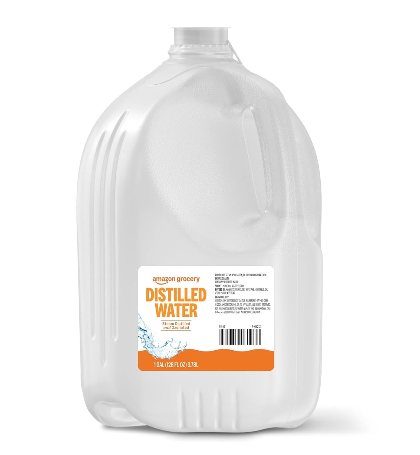Amazon Grocery distilled water in a 1-gallon bottle, clear and unflavored, suitable for drinking or household use.