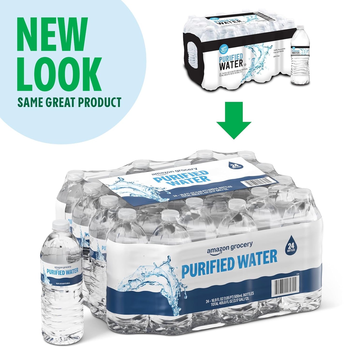 Pack of 24 Amazon Grocery purified water bottles, 16.9 fl oz each, showing clear plastic bottles with blue caps.
