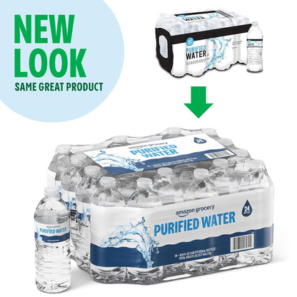 Pack of 24 Amazon Grocery purified water bottles, 16.9 fl oz each, showing clear plastic bottles with blue caps.
