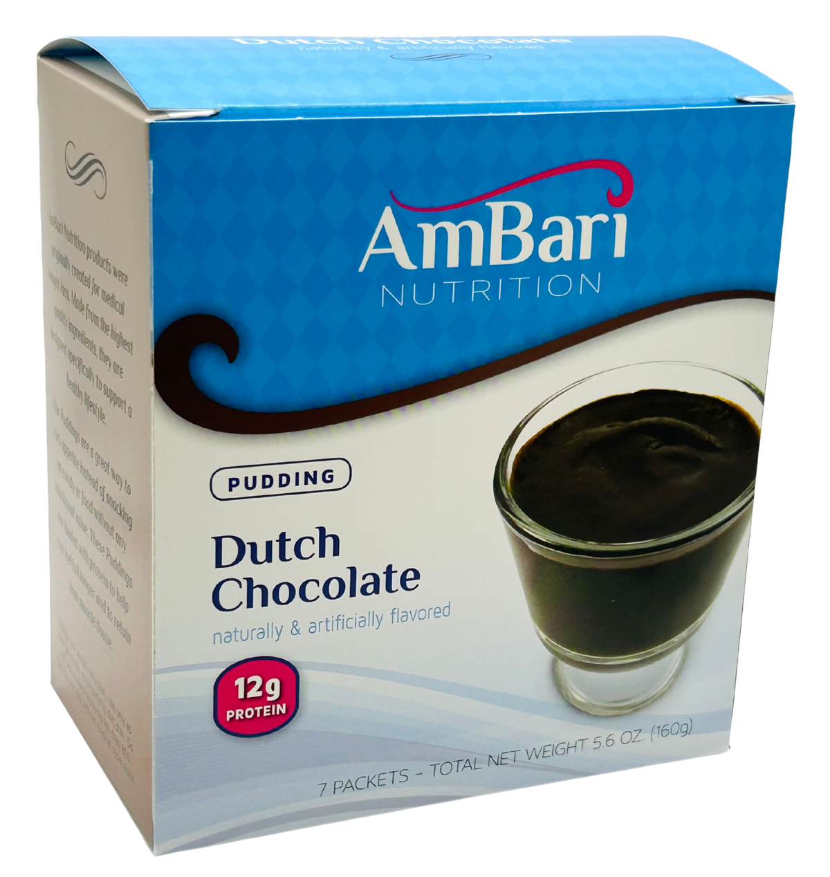 AmBari Nutrition Dutch Chocolate Protein Pudding box showcasing rich, creamy chocolate dessert in a packaging box.