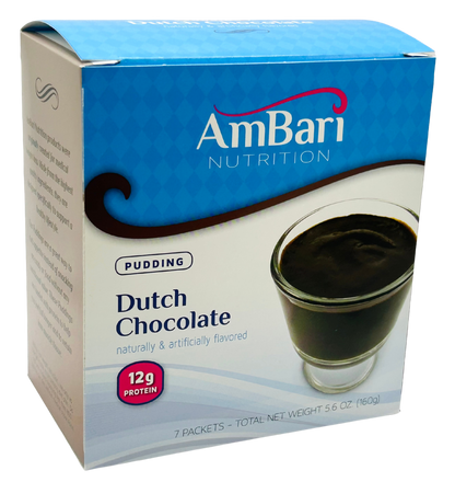 AmBari Nutrition Dutch Chocolate Protein Pudding box showcasing rich, creamy chocolate dessert in a packaging box.