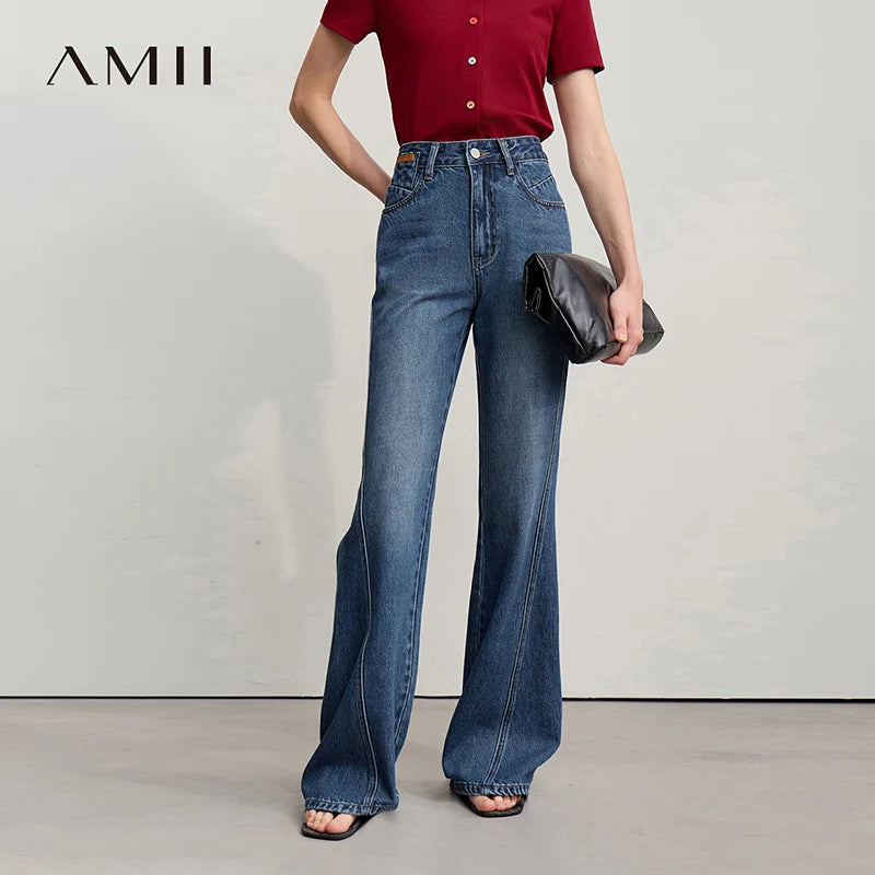 Amii Women's deep blue cotton denim flared jeans with a casual, retro loose fit, designed for versatile spring wear.