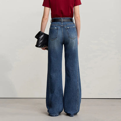 Amii Women's deep blue cotton denim flared jeans with a casual, retro style and loose fit, suitable for spring and everyday wear.