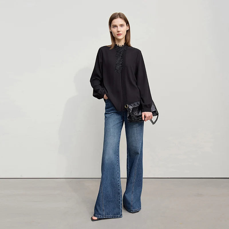 Amii Women's deep blue cotton denim flared jeans with a casual, retro style, perfect for spring and versatile everyday wear.