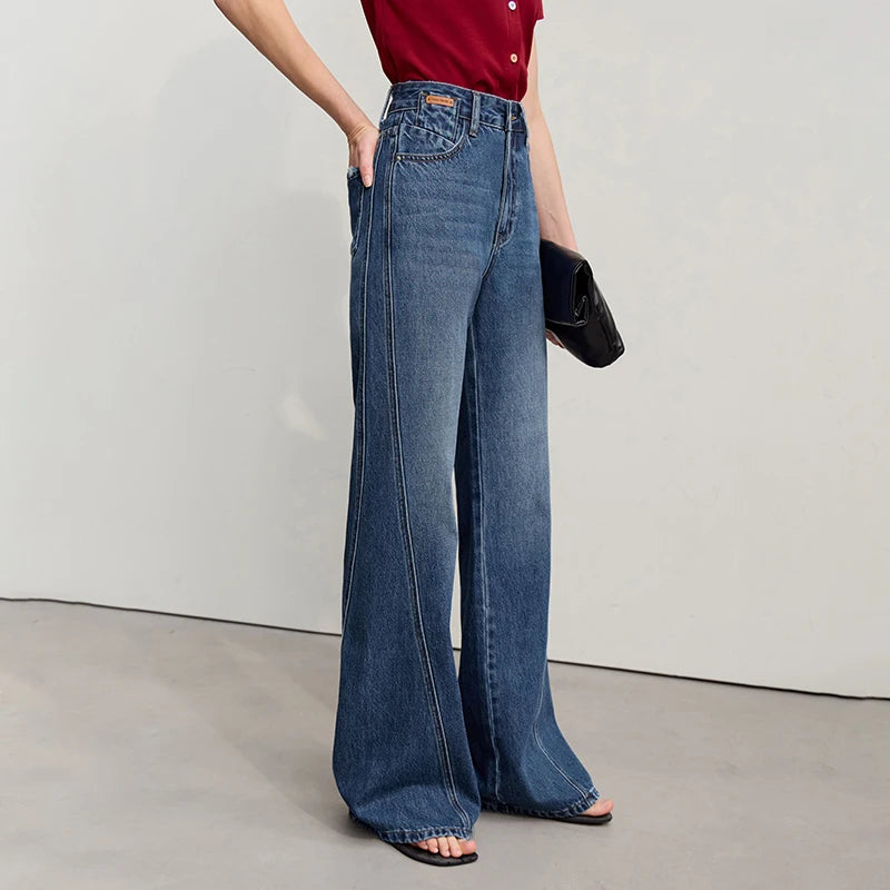 Amii Women's deep blue cotton denim flared jeans with a casual, retro style, perfect for spring and versatile everyday wear.