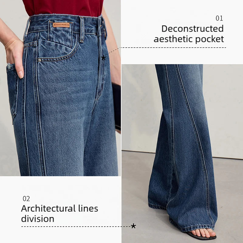 Amii Women's Deep Blue Cotton Denim Flared Jeans for spring, casual, loose fit, retro style, versatile long pants.