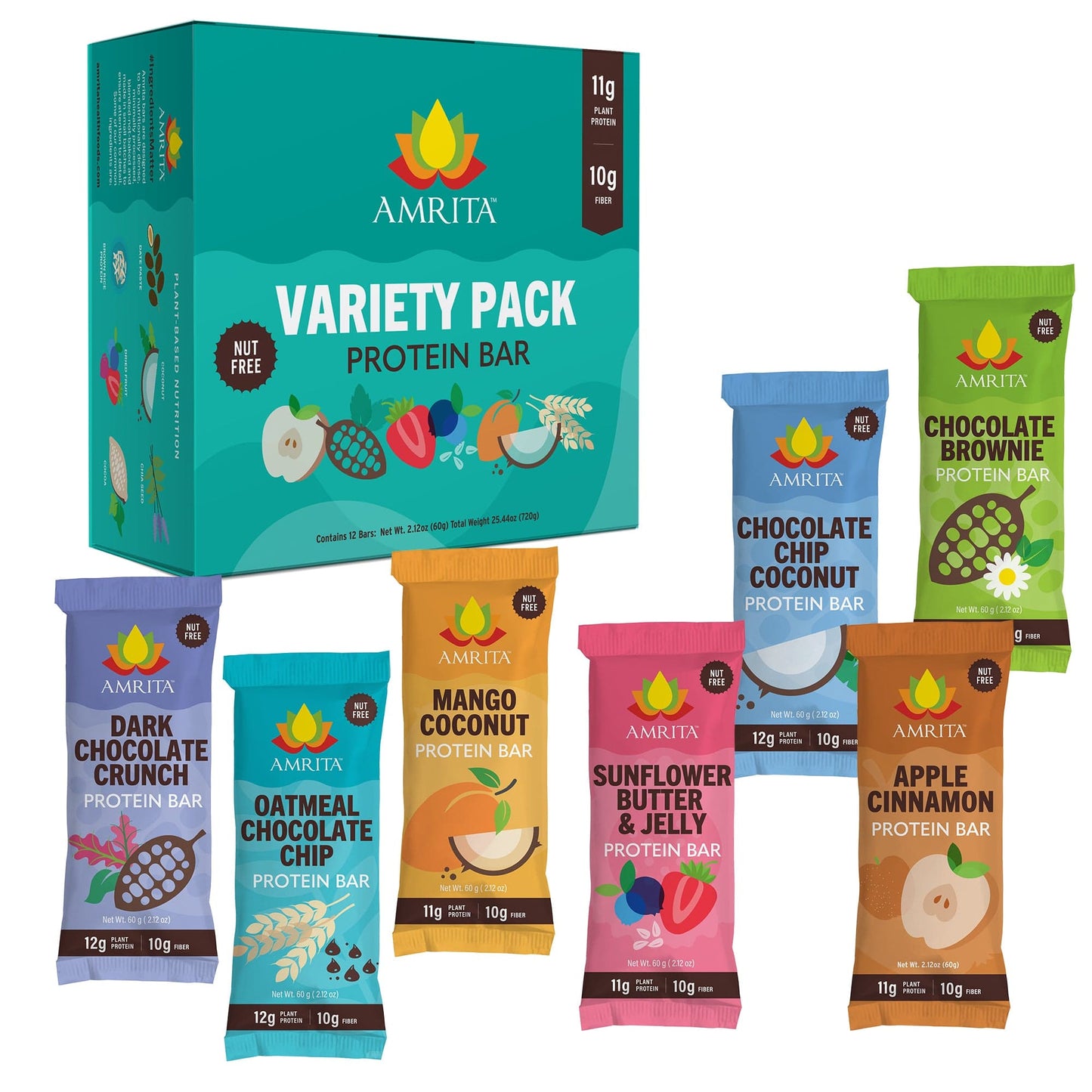 Assorted Amrita Health Foods high protein bars in a variety pack with different flavors and colorful packaging.
