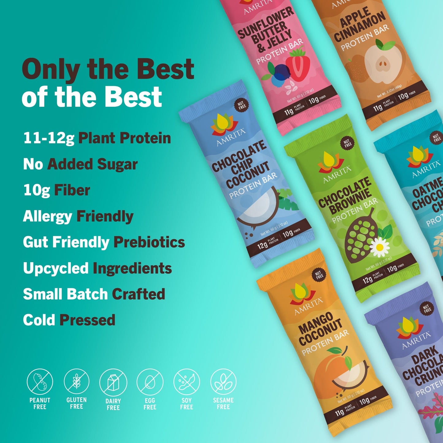 Assorted Amrita Health Foods high protein bars in a variety pack, showing colorful packaging and different flavors.