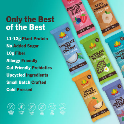 Assorted Amrita Health Foods high protein bars in a variety pack, showing colorful packaging and different flavors.