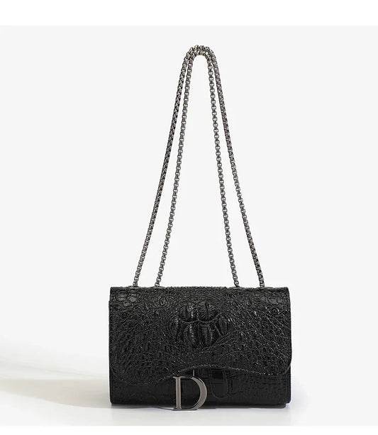 Black women's luxury handbag with sequins, crossbody strap, chain detail, casual shoulder bag for women.