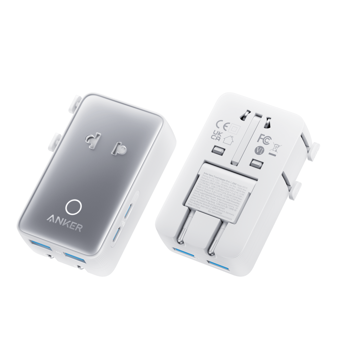 Anker Nano 5-in-1 travel adapter in white with multiple USB ports, compact design, 20W power output, for versatile device charging