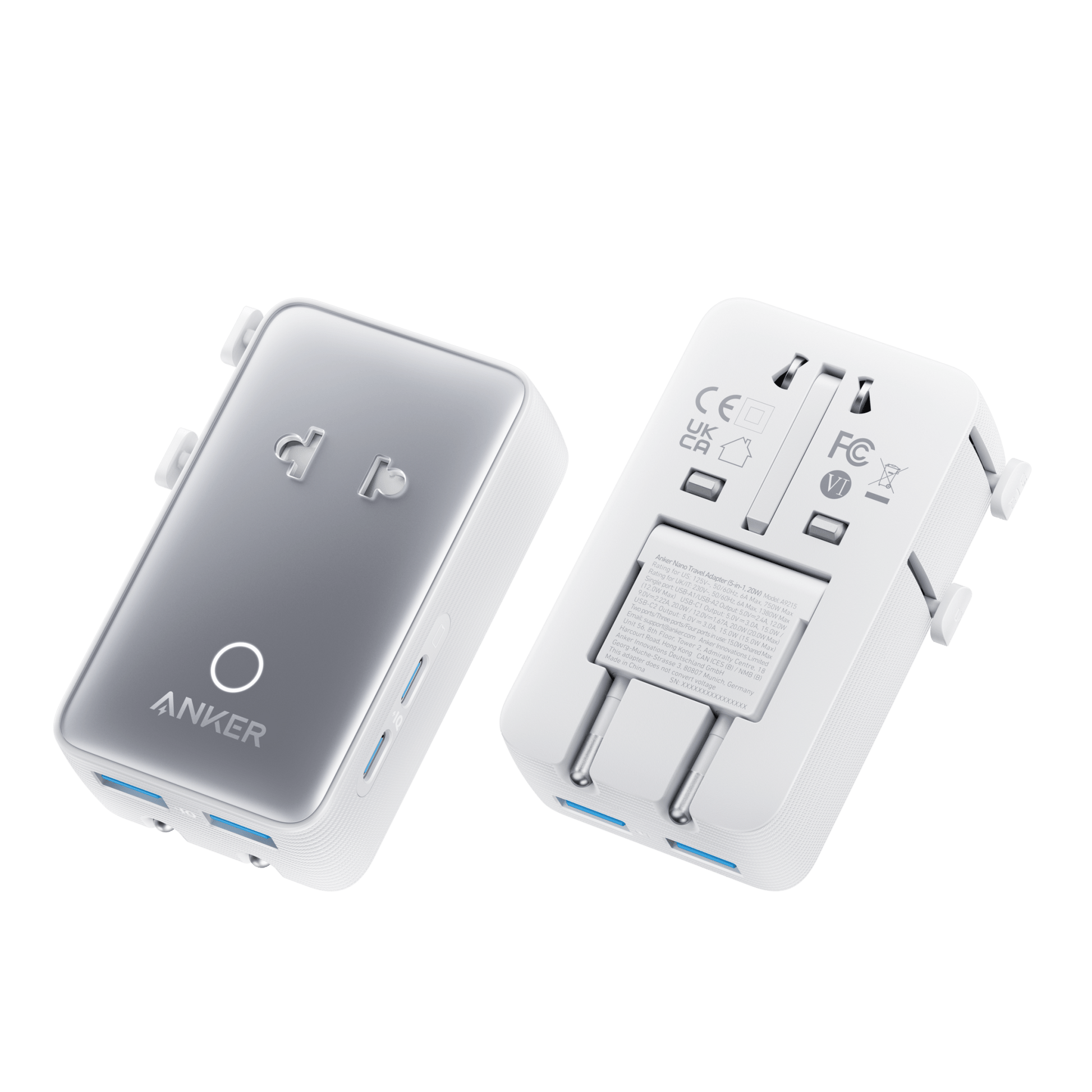 Anker Nano 5-in-1 travel adapter in white with multiple USB ports, compact design, 20W power output, for versatile device charging