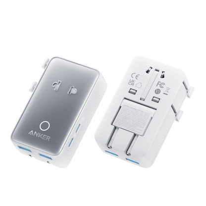 Anker Nano 5-in-1 travel adapter in white with multiple USB ports, compact design, 20W power output, for versatile device charging