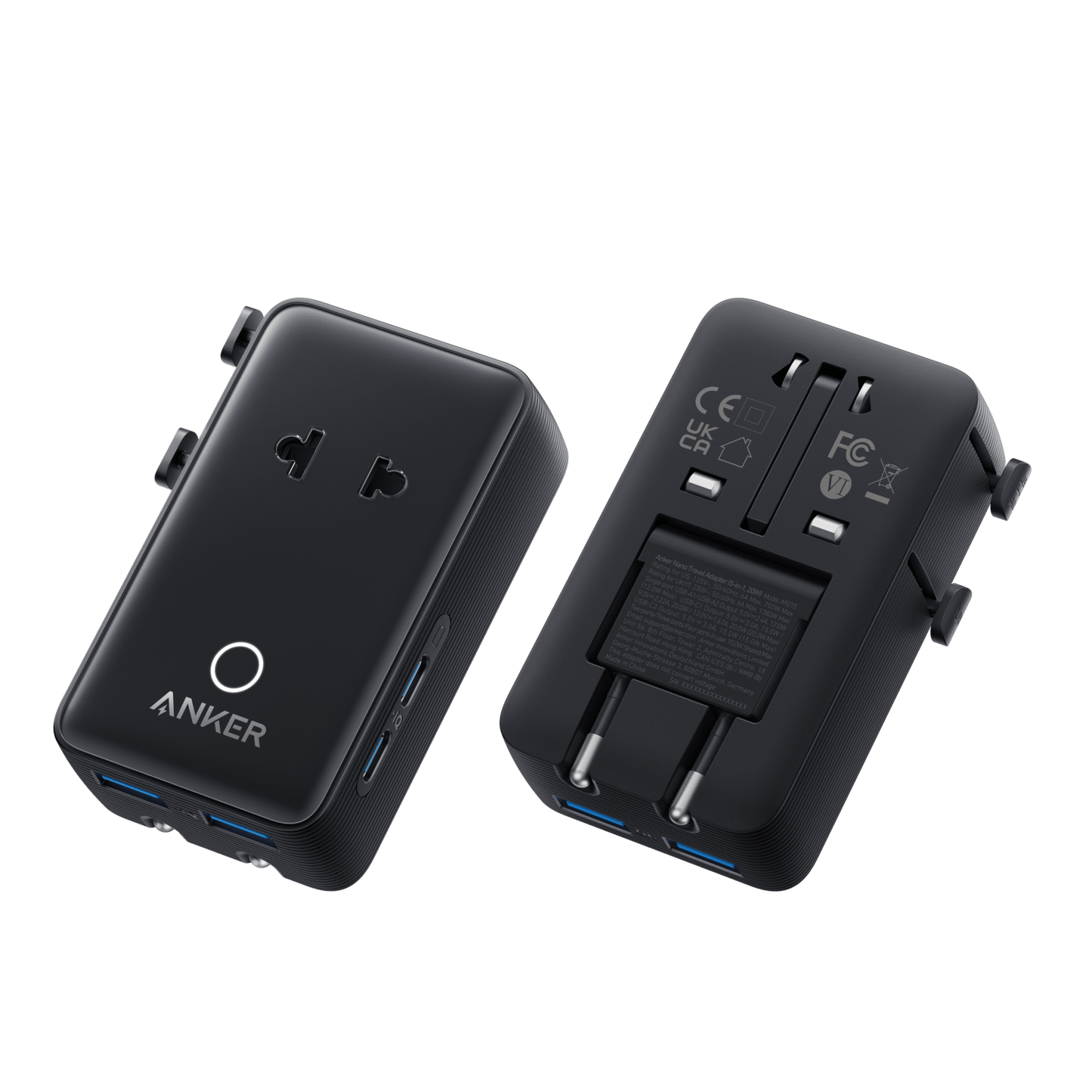 Anker Nano 5-in-1 Travel Adapter in white, 20W, compact design with multiple USB ports for charging devices.