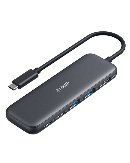 Black Anker 332 USB-C Hub (5-in-1) with multiple ports for data transfer and device connectivity