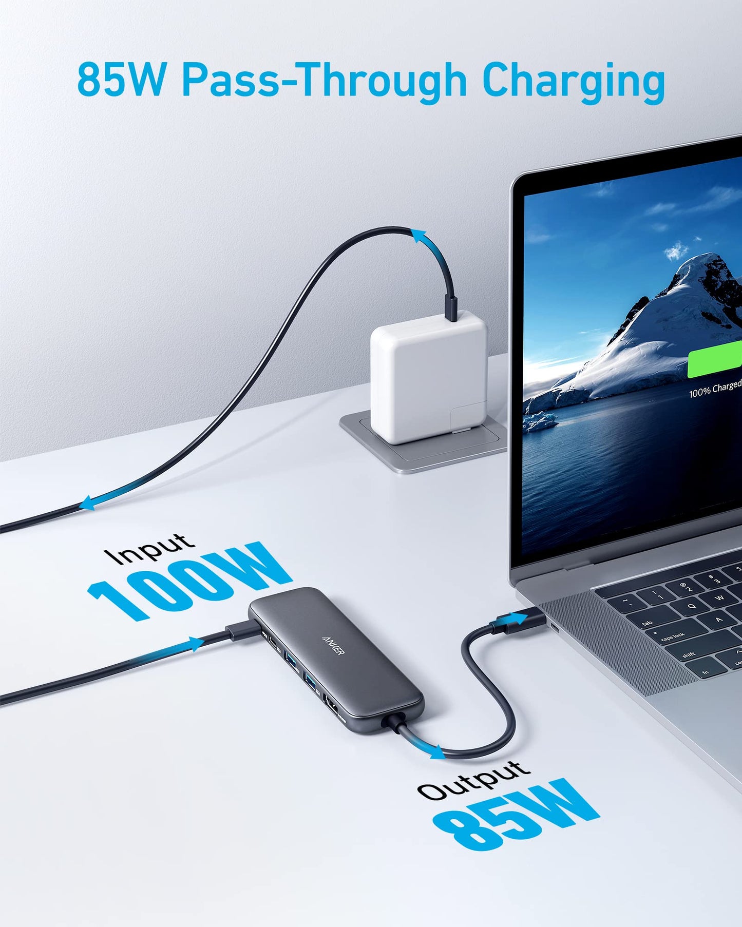 Anker 332 USB-C Hub 5-in-1 showing multiple ports on a black compact device for connecting accessories to a computer.