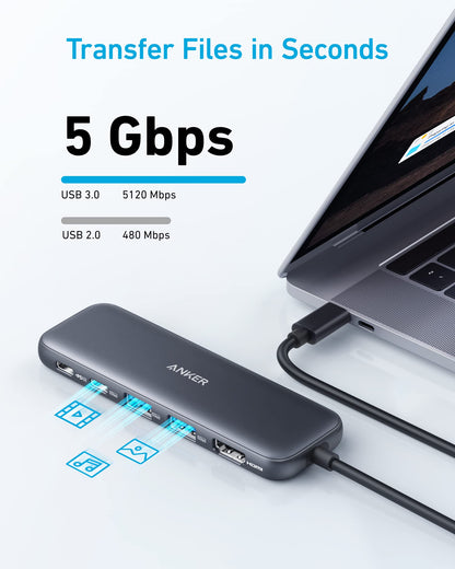 Black Anker 332 USB-C Hub with 5-in-1 ports, including HDMI, USB-A, SD card slot, and power delivery for versatile connectivity