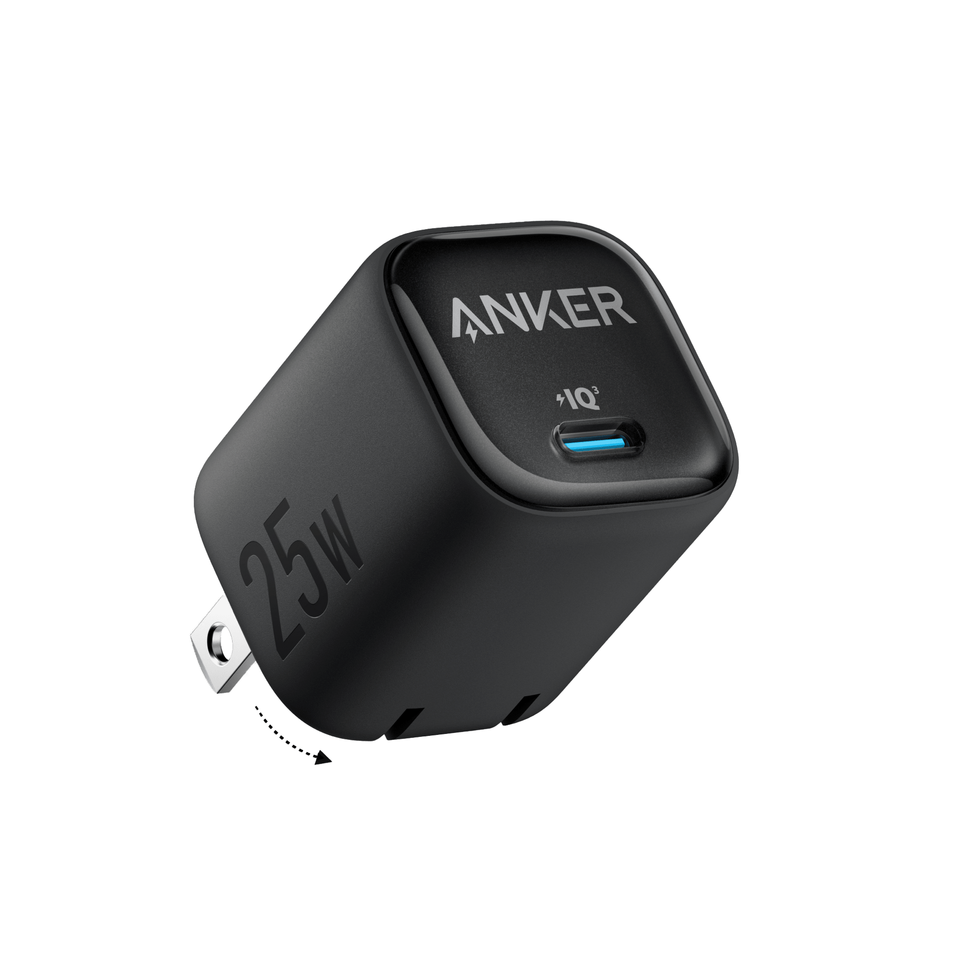 Black Anker 25W compact charger with USB-C port, shown on a white background, ideal for fast charging devices.