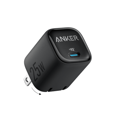 Black Anker 25W compact charger with USB-C port, shown on a white background, ideal for fast charging devices.