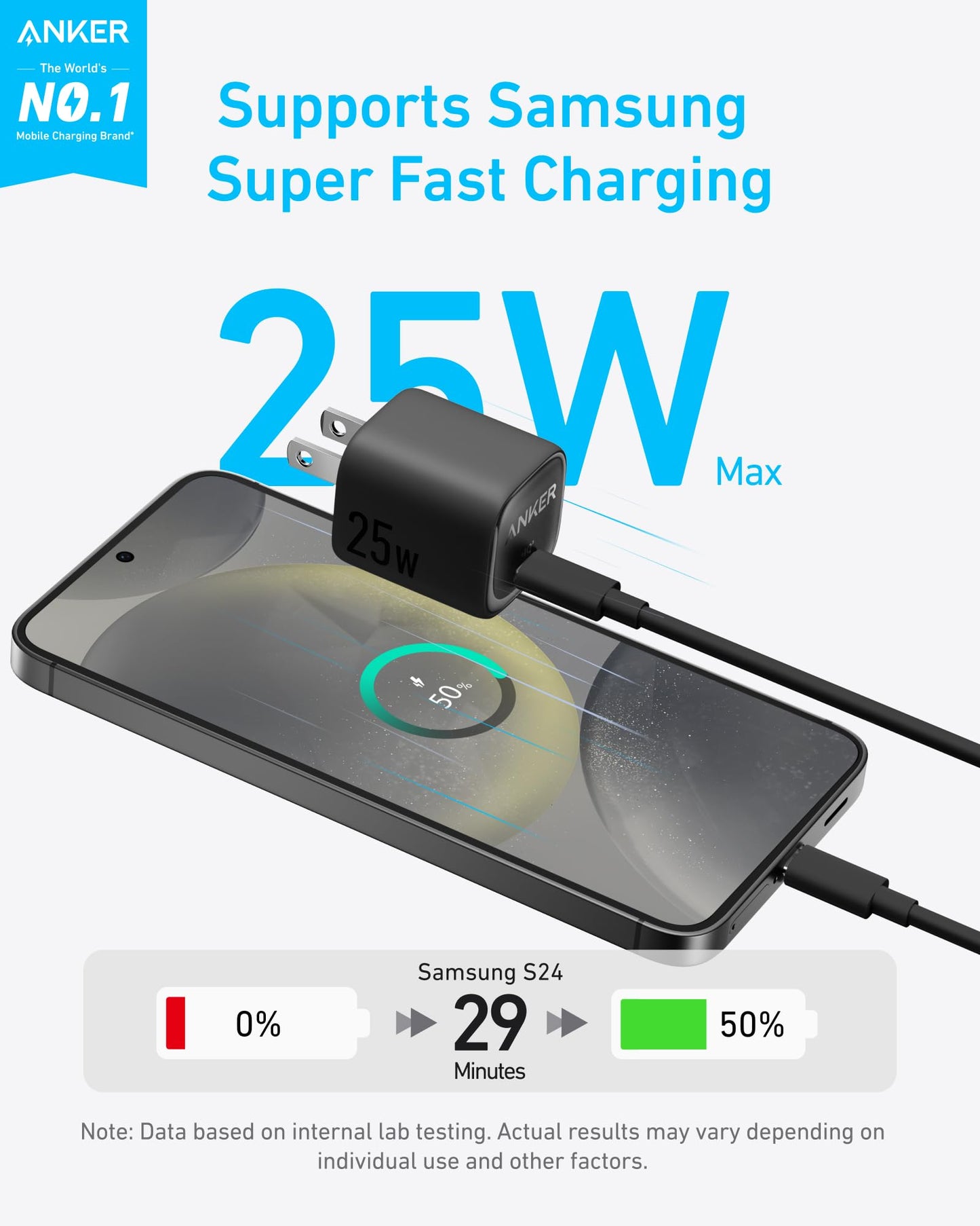Black Anker 25W compact charger with USB-C port, designed for fast, efficient device charging in a portable size.