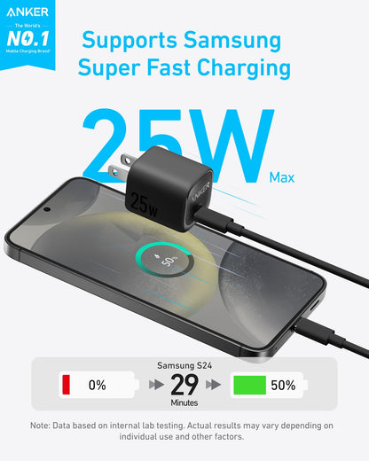 Black Anker 25W compact charger with USB-C port, designed for fast, efficient device charging in a portable size.