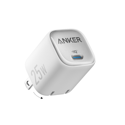 Black Anker 25W compact charger with USB-C port, shown on a white background, designed for fast charging devices