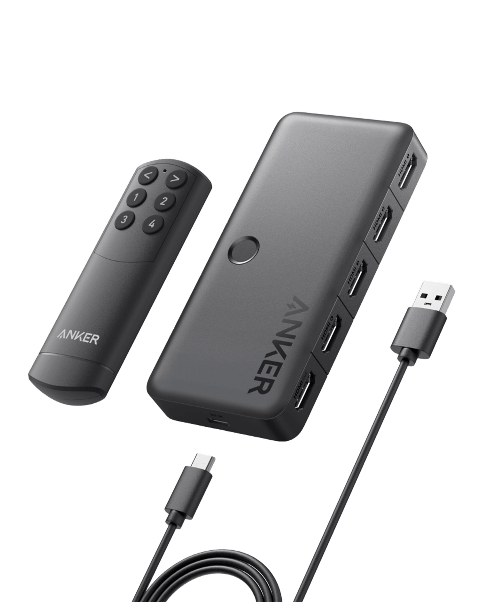 Anker HDMI switch with four input ports and one output, supporting 4K resolution for seamless device connectivity.