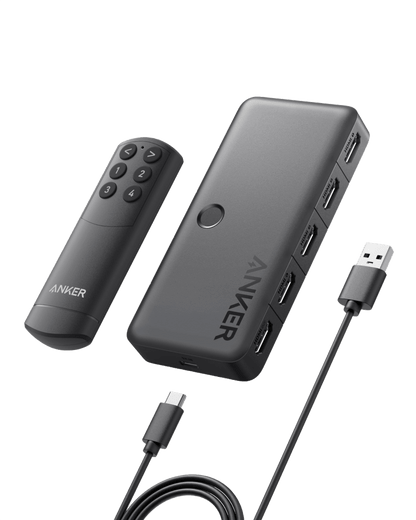 Anker HDMI switch with four input ports and one output, supporting 4K resolution for seamless device connectivity.