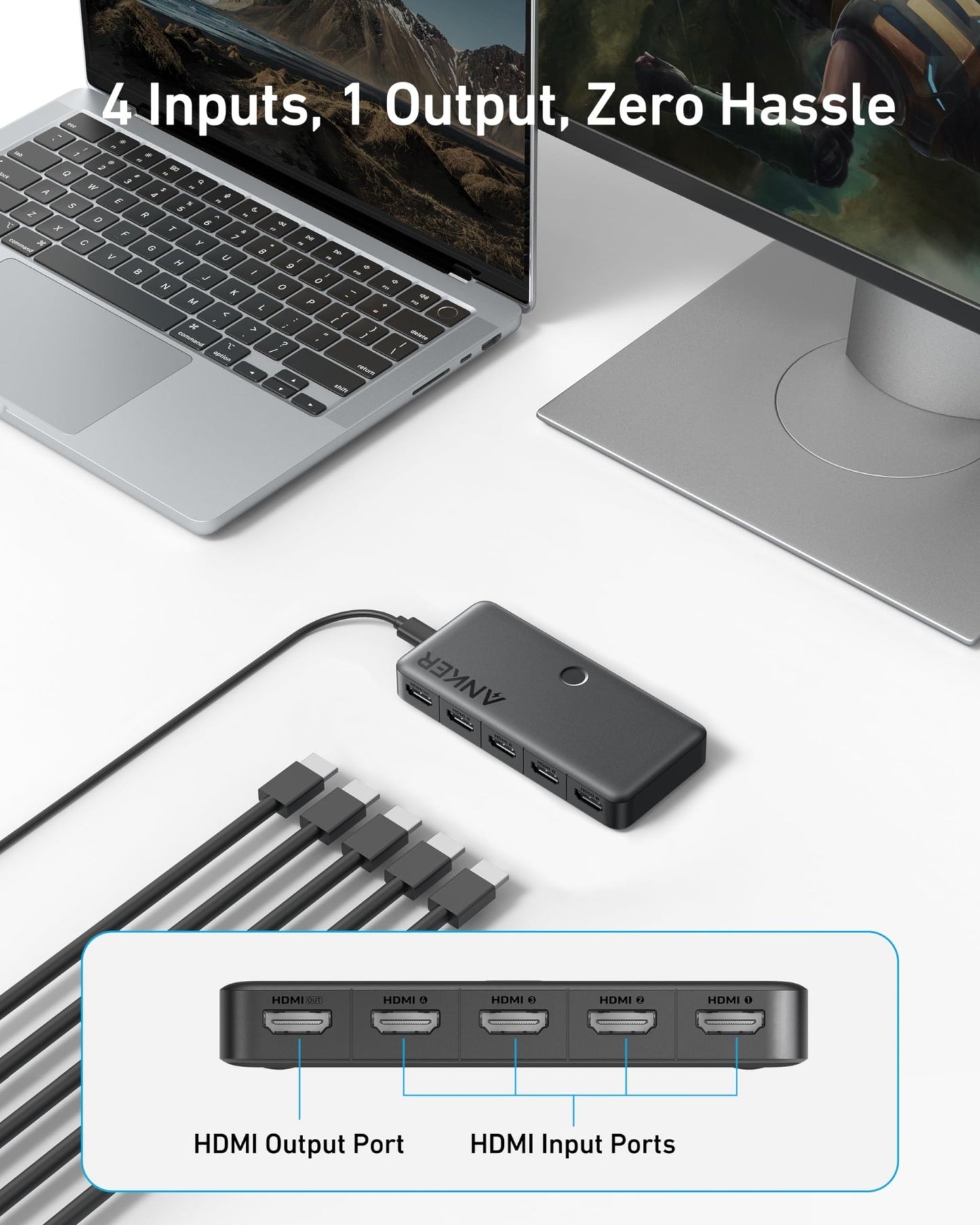Anker 4-in-1 HDMI switch in black displaying multiple HDMI ports and 4K HDMI support for seamless device switching.