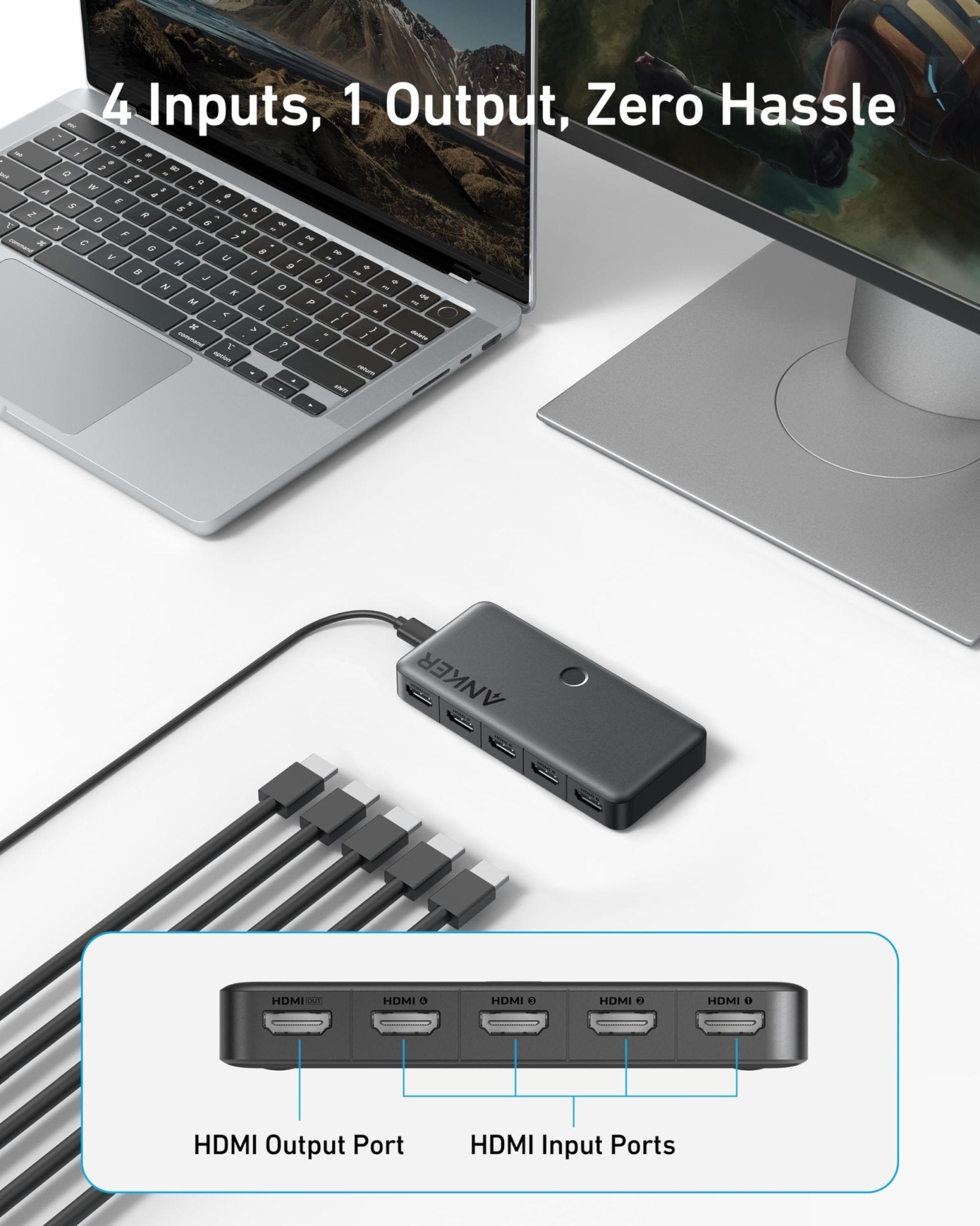 Anker 4-in-1 HDMI switch in black displaying multiple HDMI ports and 4K HDMI support for seamless device switching.