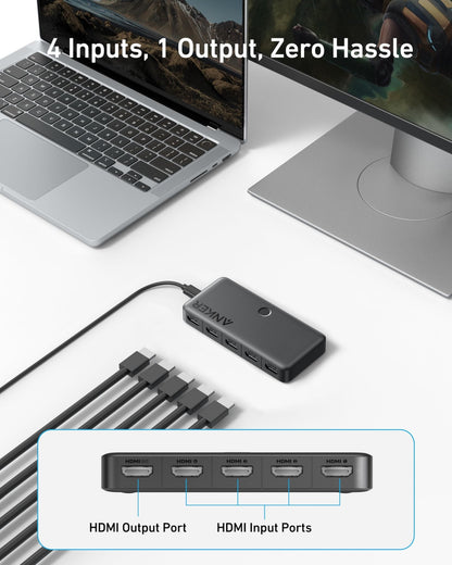 Anker 4-in-1 HDMI switch in black displaying multiple HDMI ports and 4K HDMI support for seamless device switching.
