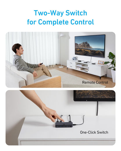 Anker black 4-in-1 HDMI switch with 4K resolution, multiple HDMI ports for connecting and switching between devices.
