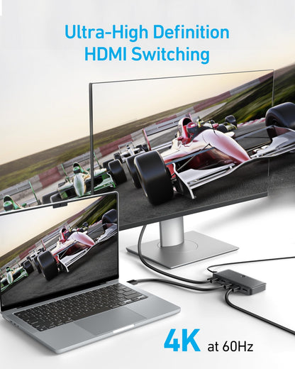 Anker 4-in-1 HDMI switch in black, supporting 4K resolution, with four input ports and one output port for multiple devices.