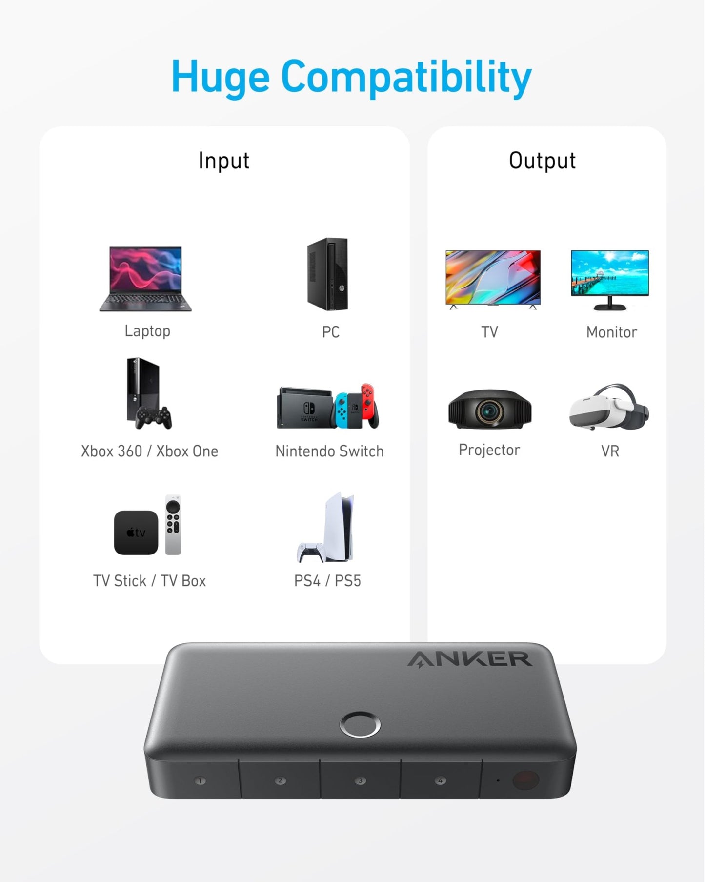 Black Anker HDMI switch with 4 input ports and 1 output, supporting 4K resolution for seamless device connectivity.