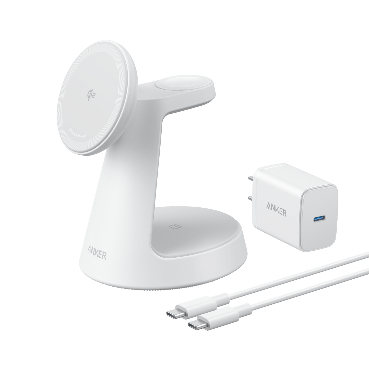 Anker MagGo 3-in-1 wireless charging station with dock stand, black, designed for charging smartphones, earbuds, and smartwatch.