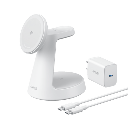 Anker MagGo 3-in-1 wireless charging station with dock stand, black, designed for charging smartphones, earbuds, and smartwatch.