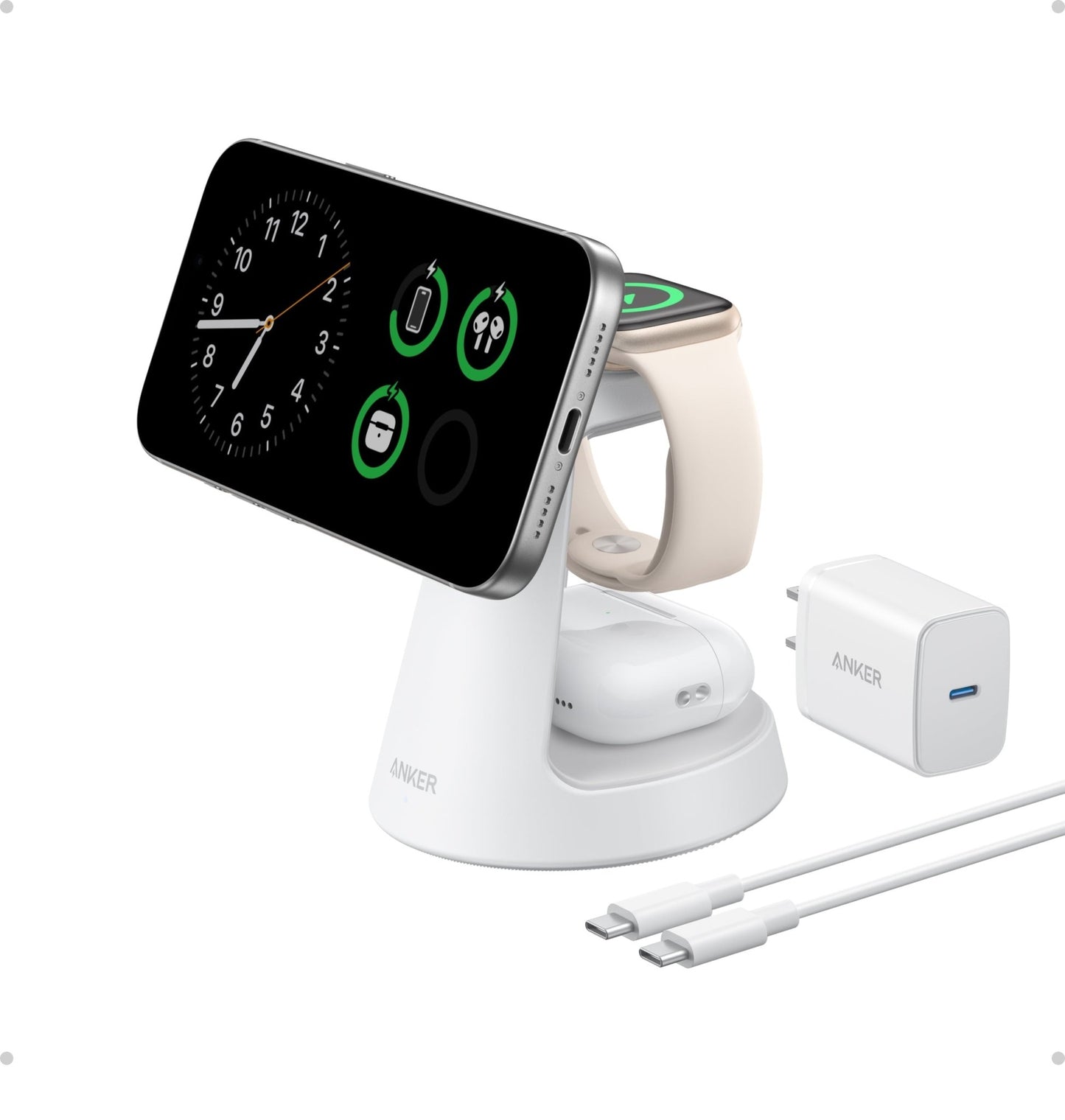 Anker MagGo 3-in-1 wireless charging station with dock stand, black, for charging phone, smartwatch, and earbuds simultaneously.