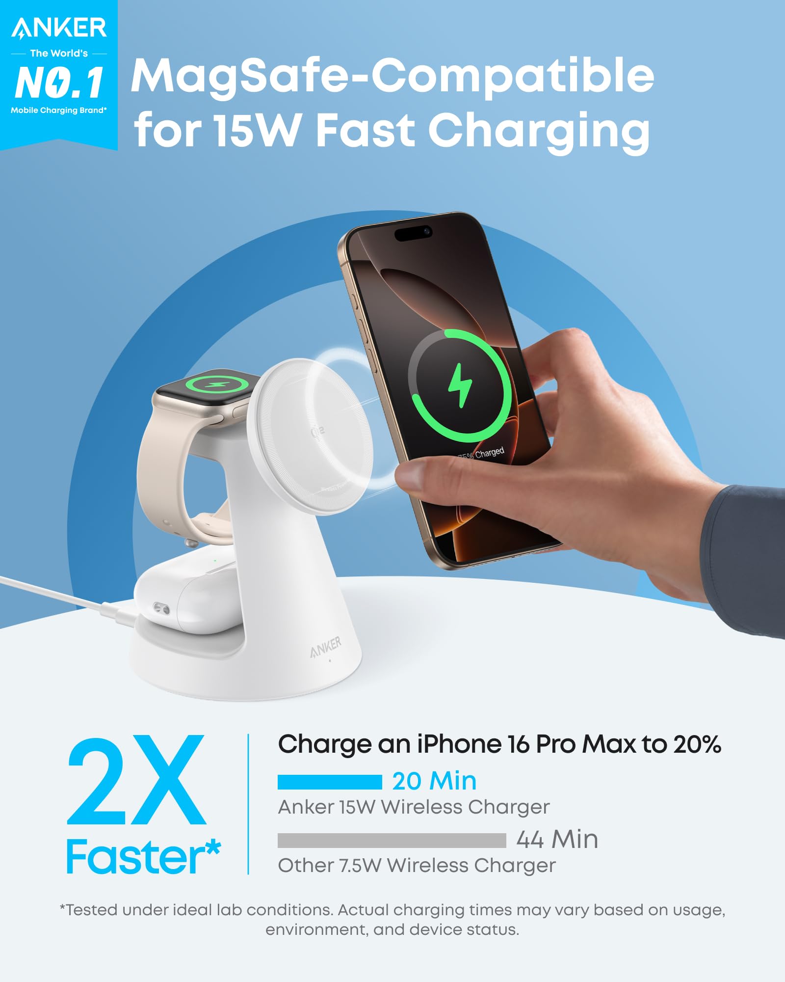 Black Anker MagGo 3-in-1 wireless charging station with dock stand for iPhone, Apple Watch, and AirPods.