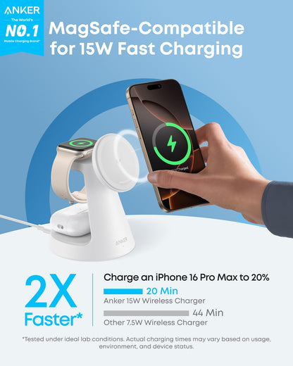Black Anker MagGo 3-in-1 wireless charging station with dock stand for iPhone, Apple Watch, and AirPods.