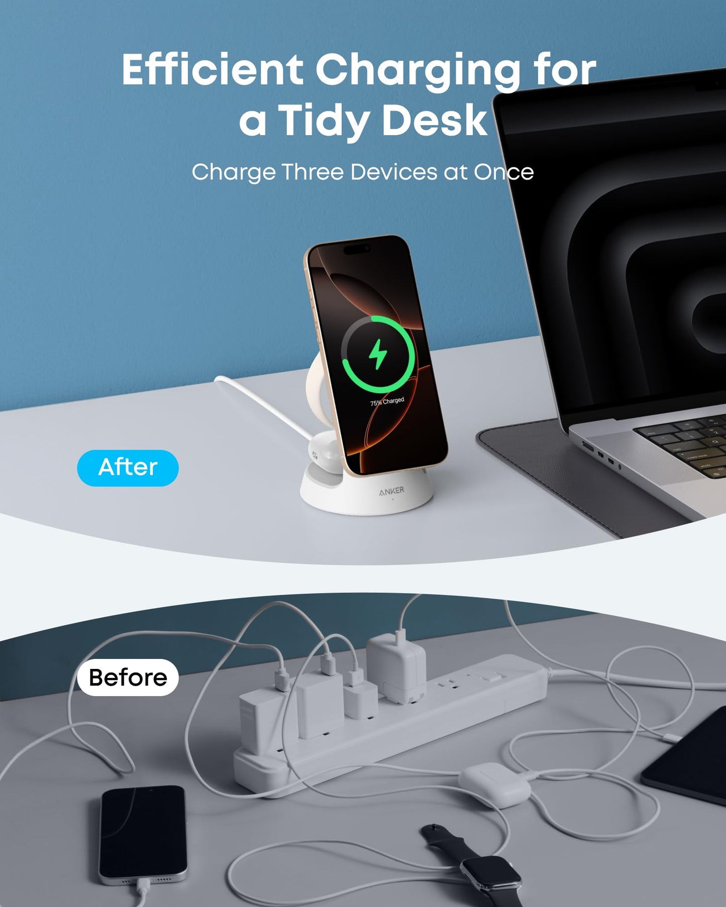Anker MagGo Wireless Charging Station 3-in-1 dock stand with black finish for charging phone, smartwatch, and earbuds simultaneously.