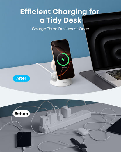 Anker MagGo Wireless Charging Station 3-in-1 dock stand with black finish for charging phone, smartwatch, and earbuds simultaneously.
