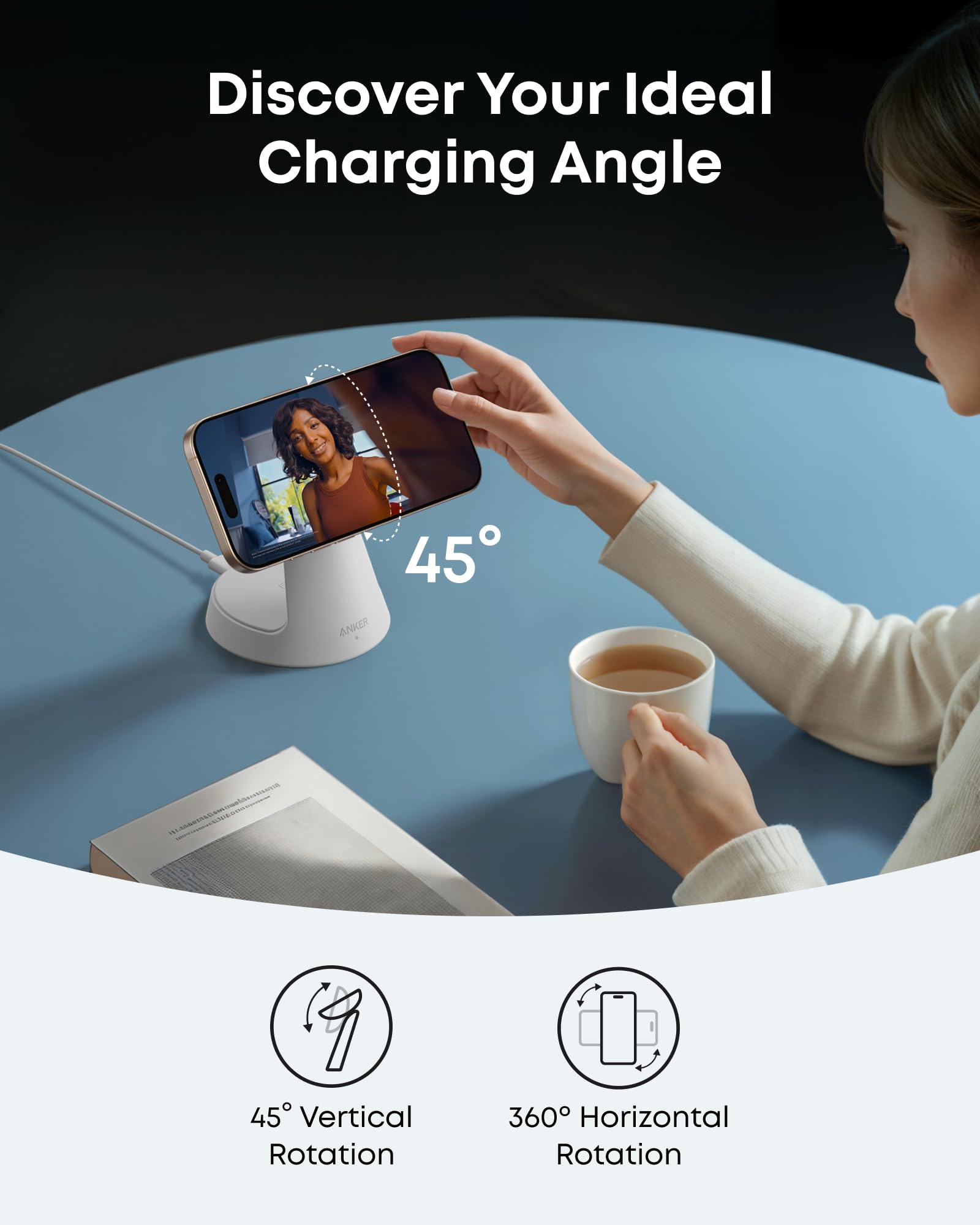 Black Anker MagGo 3-in-1 wireless charging station with dock stand for iPhone, Apple Watch, and AirPods.