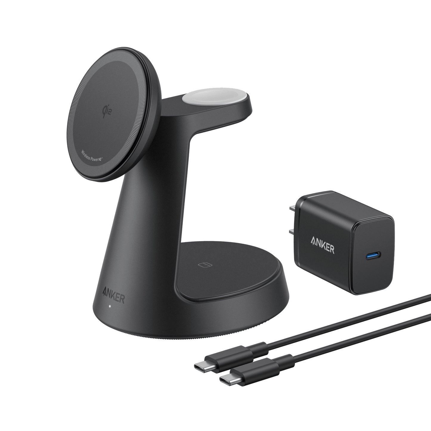 Anker MagGo 3-in-1 wireless charging station with dock stand for iPhone, Apple Watch, and AirPods in black.