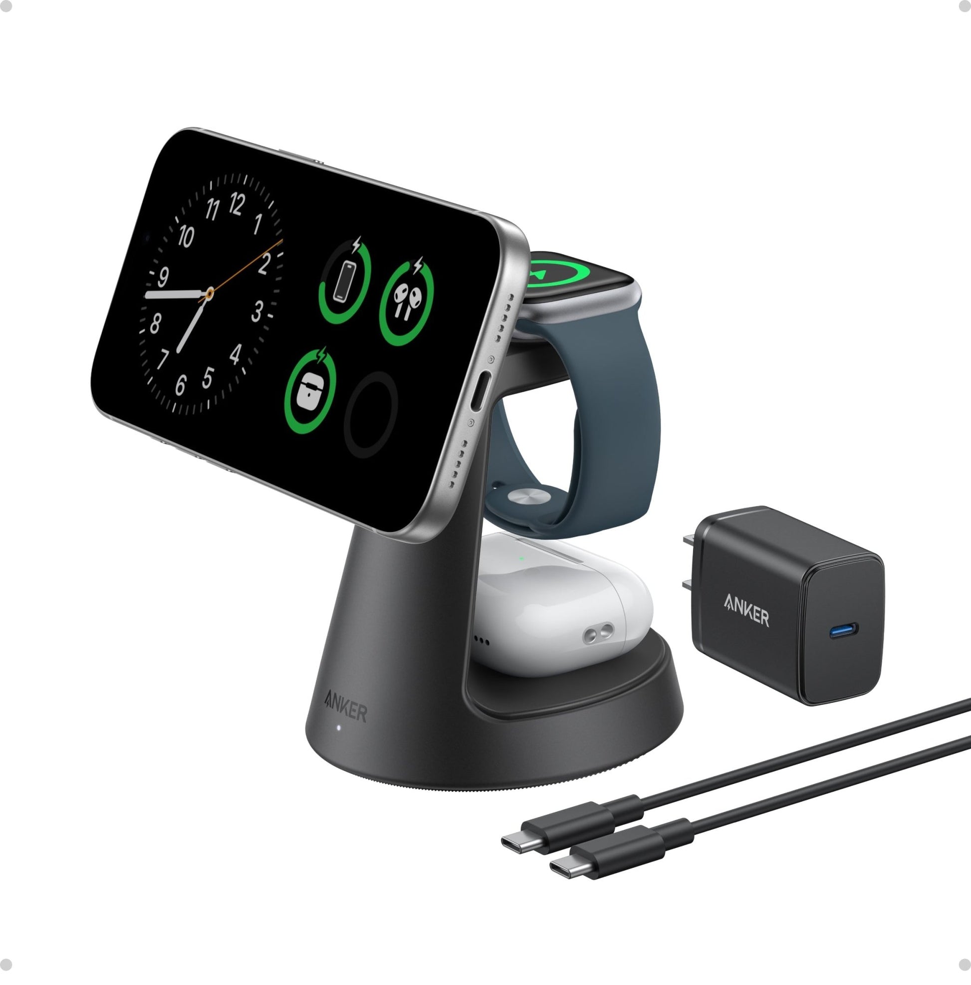 Anker MagGo 3-in-1 wireless charging station with dock stand for smartphones, earbuds, and smartwatch in black.