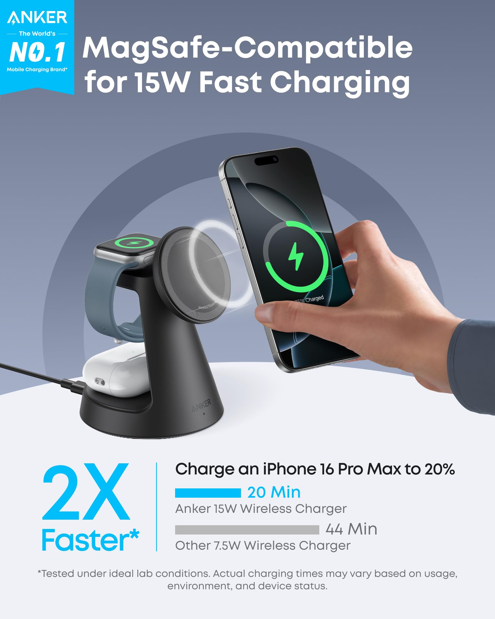 Anker MagGo 3-in-1 wireless charging station with dock stand, black, for charging smartphones, earbuds, and smartwatch simultaneously.