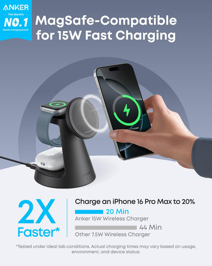 Anker MagGo 3-in-1 wireless charging station with dock stand, black, for charging smartphones, earbuds, and smartwatch simultaneously.