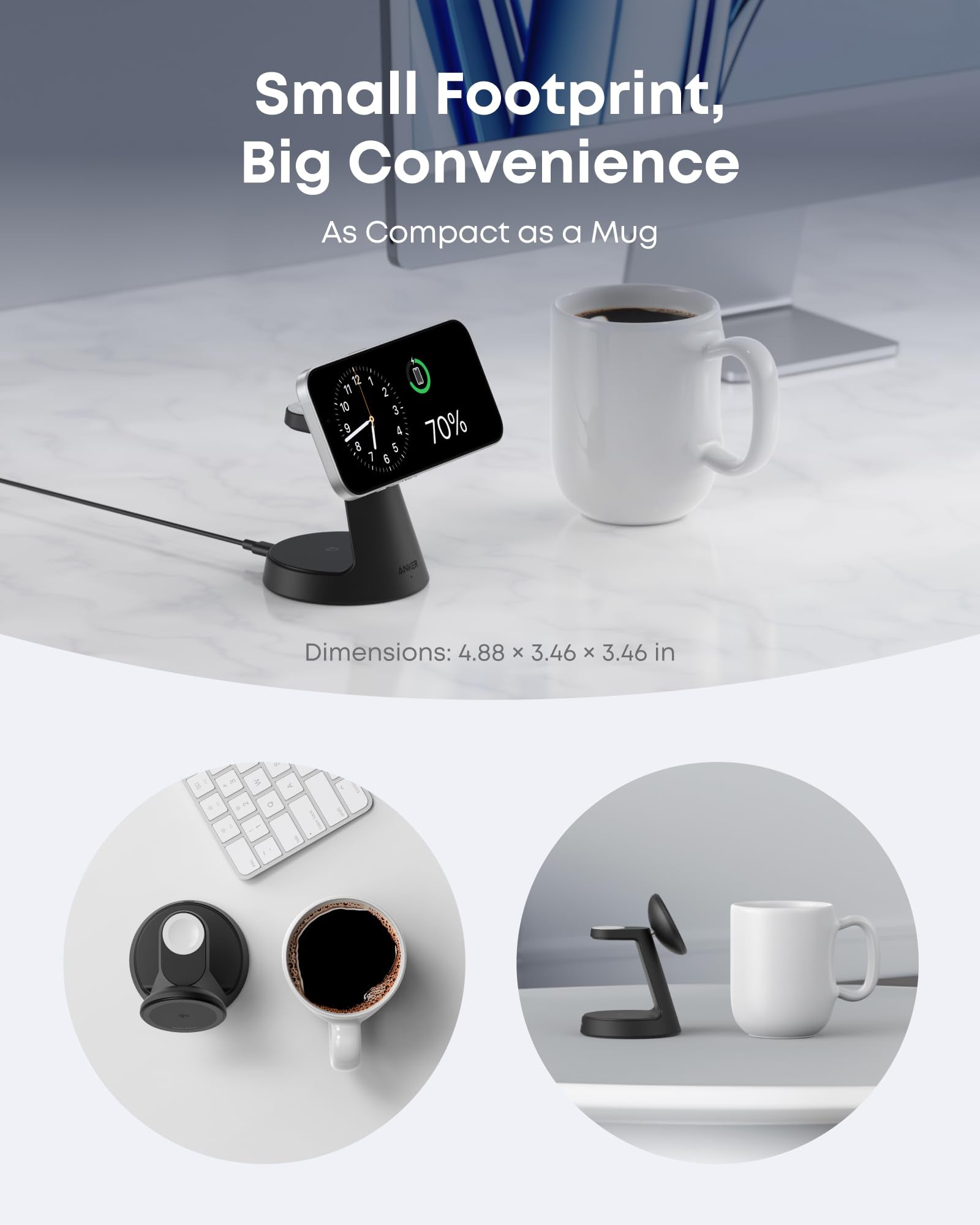 Anker MagGo 3-in-1 wireless charging station with black dock stand for multiple devices, including phone and accessories.