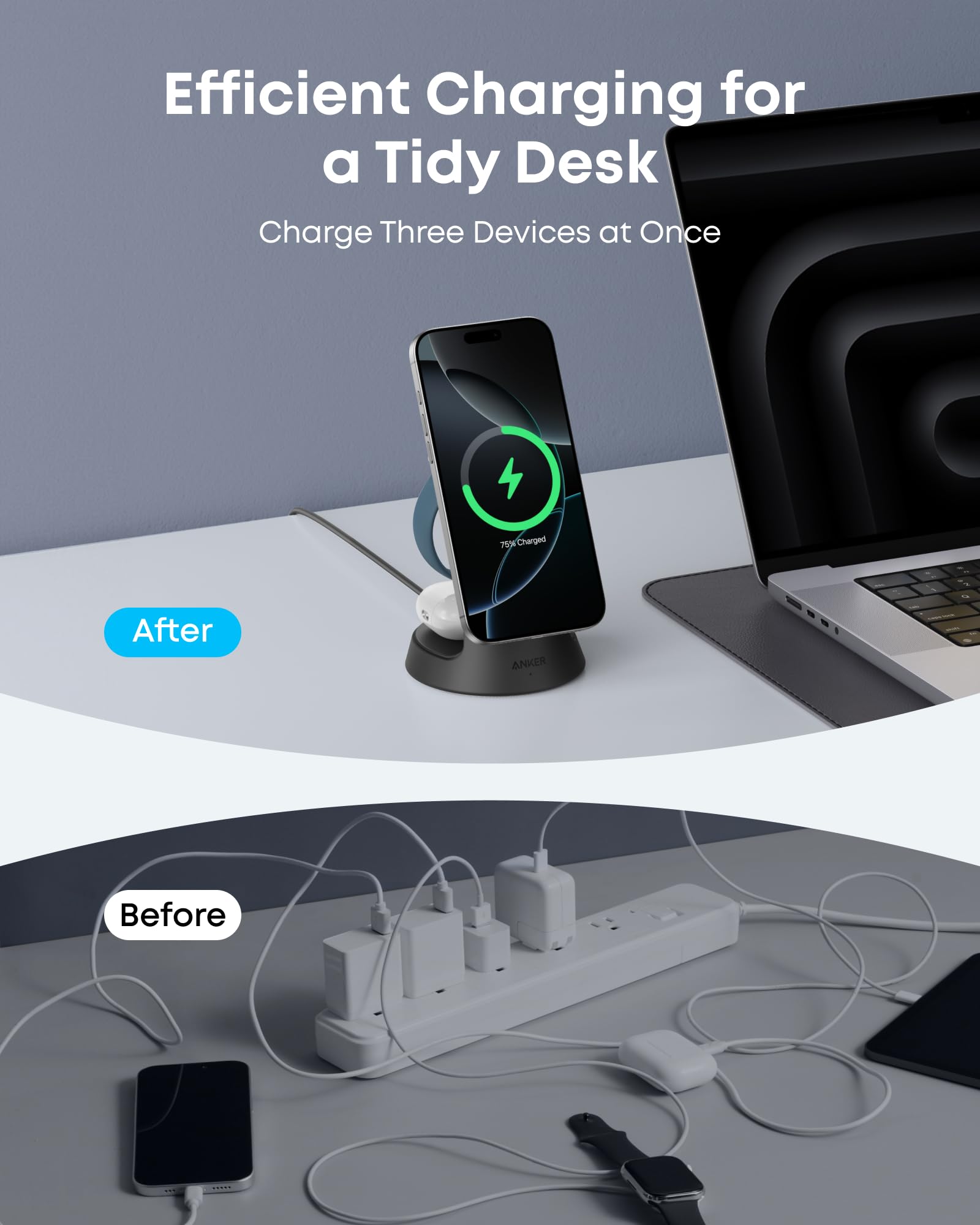 Anker MagGo 3-in-1 wireless charging station with dock stand for smartphones, smartwatches, and earbuds in black.